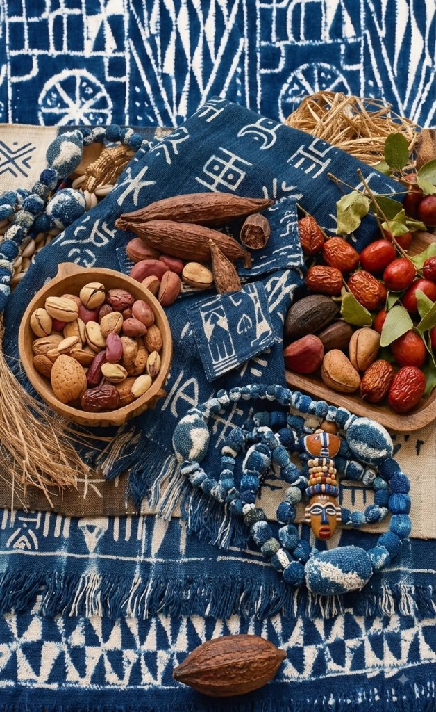 Pagne ndop, cola et perles.